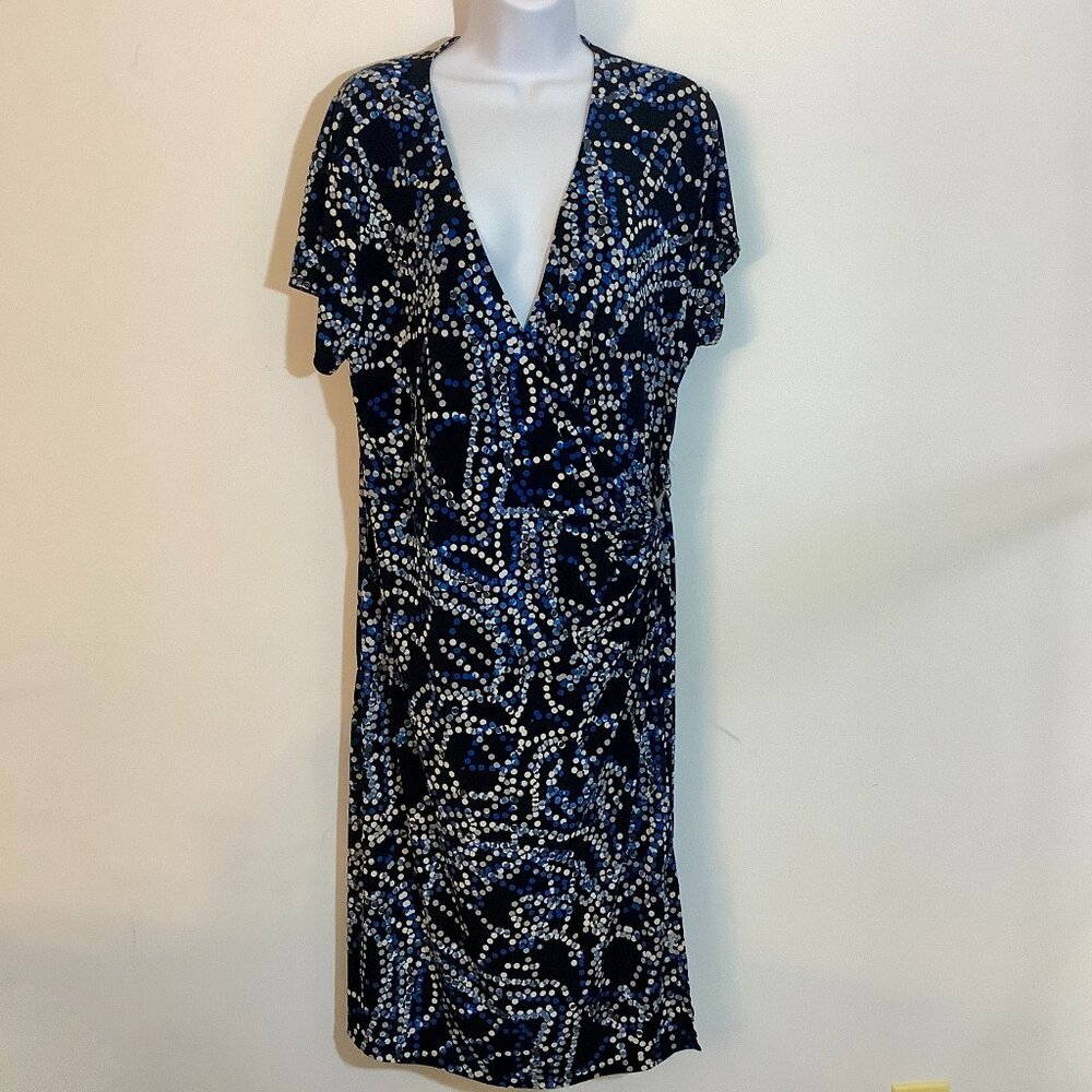 Wrap Dress **George XL (16-18) Black w/ White & Navy Print Short Sleeve Business